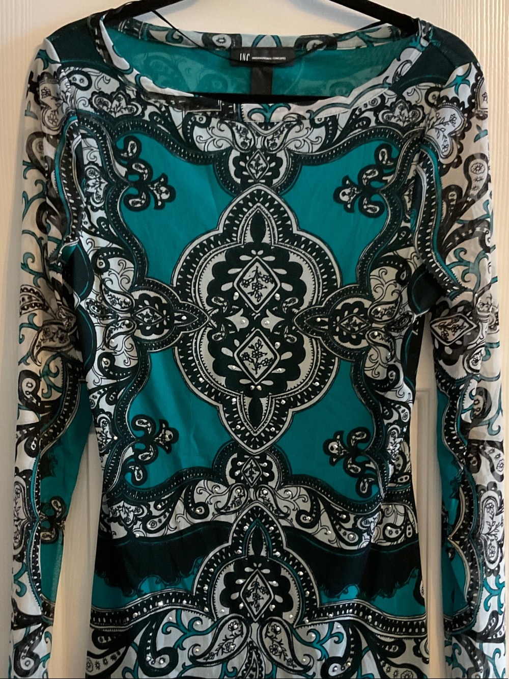 INC International Concepts Teal, Black and White Paisley-Print Long Sl. Top, L